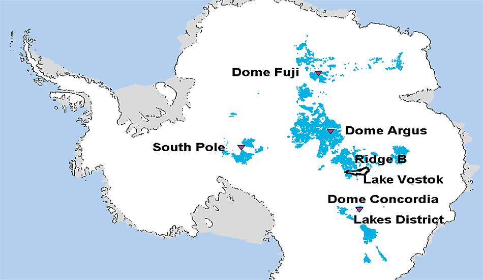An den blau markierten Stellen vermuten die Wissenschaftler bis zu 1,5 Millionen Jahre altes Eis.