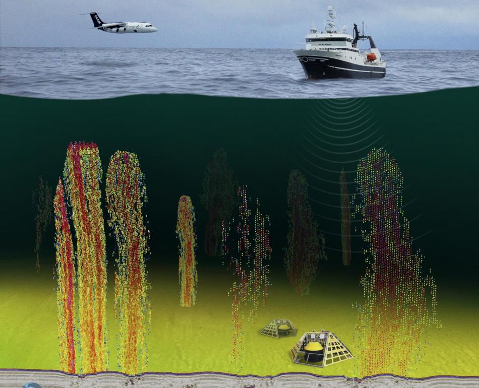 Die Messungen wurden gleichzeitig von Schiff und Flugzeug aus und am Meeresboden durchgeführt. Dies ermöglichte eine komplette Verfolgung des Methans vom Meeresboden bis in die Atmosphäre hinauf. Bild: Torge Gryta, CAGE